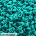 Teal acrylic 10mm round beads with black smiley face pattern for DIY jewelry making - Approx 10mm Diameter, 6mm Thickness, 2mm Hole, 50 Pcs/Pack / Peacock Green Black Smile