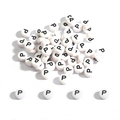 Flat round white acrylic bead with black letter P for DIY jewelry and bracelets - 100 Pieces/Pack / Letter P