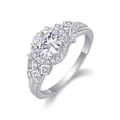 Klassischer 1 Karat runder Diamantring aus 925 Sterlingsilber mit Halo-Fassung und geometrischem Band - US 7 / R13327 Stil (1 Karat/6,5 mm/mit GRA-Zertifikat)