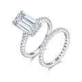Macro view of emerald-cut moissanite wedding ring set with pavé diamonds in S925 silver - US Size 5 / Moissanite Ring - 4ct