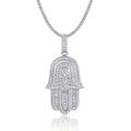 Vue détaillée du collier pendentif main de fatima hip-hop en argent sterling et moissanite. - Pendentif Main de Hamsa (P15396)