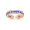 Macro shot of rose gold ring with three rows of blue sapphires and white zircons - Size 5 / Rose Gold - Sapphire
