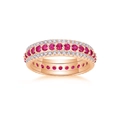 Detailed view of a rose gold multi-row band ring with pink gemstones and pavé diamonds - Size 5 / Rose Gold - Ruby
