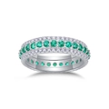 Detail of S925 sterling silver ring with three rows of emerald green and clear stones - Size 5 / Silver - Emerald