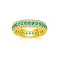 Detailed macro of gold ring with three rows of emerald and diamond style pavé stones - Size 5 / Gold - Artificial Emerald
