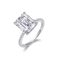 Makroaufnahme von Ring mit Smaragdschliff-Moissanit und Diamanten in 18k Weißgold - US 5 (HK 11) / Platin Weißer Diamant (4 Karat Smaragdschliff)