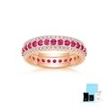Three-row rose gold ring with vibrant pink gemstones and micro-pave white side diamonds - Size 5 / Rose Gold - Ruby (With Box & GRA)