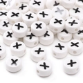Flat round white ceramic bead with black X symbol for handmade DIY jewelry crafting - Letter X / 5 Pieces/Pack (8x4mm)