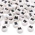 Flat round white ceramic letter beads with black M engraving for DIY jewelry making - Letter W / 5 Pieces/Pack (8x4mm)
