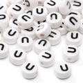 Flat round white ceramic beads with black letter U for DIY jewelry making - Letter U / 5 Pieces/Pack (8x4mm)
