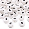 Flat round white ceramic bead with black letter S and pre-drilled hole for DIY bracelets - S / 5 Pieces/Pack (8x4mm)