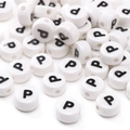White 8x4mm ceramic alphabet bead with black letter P for DIY jewelry bracelets - Letter P / 5 Pieces/Pack (8x4mm)