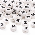 Flat round white ceramic bead with black uppercase letter M for DIY jewelry making - M / 5 Pieces/Pack (8x4mm)
