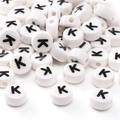 Flat round white ceramic beads with black letter K for DIY jewelry and bracelets - Letter K / 5 Pieces/Pack (8x4mm)