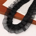 Elegant black double-layered pleated lace trim for DIY hair accessories and garment decor - Black