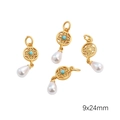 Golden filigree round pendant with blue bead and white teardrop pearl, size 9x24mm - Golden Hollow Jade Ring Charm