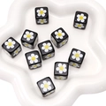 DIY black acrylic cube beads with daisy floral print for custom jewelry making - Black