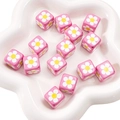 Pink acrylic square beads with daisy flower pattern for DIY jewelry making - Pink