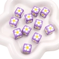 Purple cube acrylic beads with white daisy patterns for DIY jewelry making and crafts - Purple