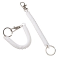 White plastic spiral elastic cord keychain with silver lobster clasp and flat key ring - Length 17cm Ring Diameter 2.5cm Stretchable 100cm / White