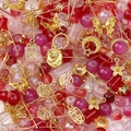 DIY jewelry kit with red mixed glass beads and golden alloy floral butterfly charms - Colorful Blossoms (Gold)