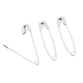 Three white painted metal safety pins for DIY crafts and brooches on a white background - White
