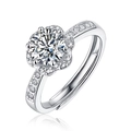 Macro view of adjustable S925 silver ring featuring round Moissanite and petal halo - Adjustable / Full Bloom (0.5 Carat)