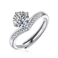 Close-up of S925 silver adjustable ring with wavy band and brilliant round moissanite - Adjustable / Princess Crown (0.5 Carat)
