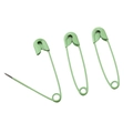 Three light green matte metal safety pins shown in open and closed positions - Green