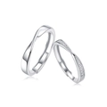 Detail view of S925 sterling silver Mobius couple rings with polished finish and zircons - Adjustable Open / Mobius - Combo