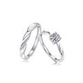 Detail of adjustable S925 sterling silver couple rings with moissanite center stones - Adjustable Open / Perfect Match - Combo