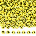 Flat round yellow acrylic beads with black smiley face design for DIY jewelry making - Black Letter / 50 Pieces / Yellow