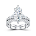 Vista dettagliata del set di fedi nuziali in moissanite marquise con punzone S925 - Taglia US 5 / Set Anelli Marquise