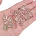 12mm pastel pink and green ribbed glass beads for DIY jewelry making shown on palm - Spiral Texture / 12mm (Aperture approx 1.2mm) 5 Pcs/Pack / Pink and Green