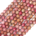Faceted natural rhodonite stone beads in pink and brown tones for DIY jewelry making - Red Wood Grain Stone
