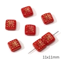 Red 11x11mm square glass Czech beads with gold star pattern for DIY jewelry making - 11x11mm / Vintage Square (1 Piece/Pack) / Red Series