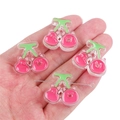 Pink acrylic cherry cat ear charms with green stems for DIY jewelry making - Cherry Style