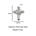 Vintage stainless steel silver cross pendant with rose engraving and fleur-de-lis detail - Lily Rose Cross (HP0162S08)
