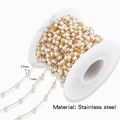 Golden stainless steel chain with 2.5mm pearls on white spool for jewelry making - Small Round Bead (HCML33G01) / 1 Meter (Handmade Chain)