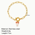 Gold stainless steel paperclip chain bracelet with red and white reindeer charm - Cartoon Reindeer Style (HB0094G01)