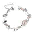 Elegant S925 silver bracelet featuring pink pearls and bow motifs with heart charm - Artificial Pearl Bowknot (DQ0271S) / 925 Silver
