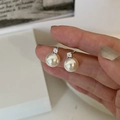 Elegant 925 silver stud earrings featuring round white pearls and sparkling zircon - 925 Silver / White Gold-Rhinestone