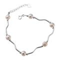 Armband aus 925er Silber mit Süßwasserperlen, Wellendesign und Herz-Anhänger-Verlängerung - 925er Silber / Wellen-Perlen-Stil
