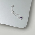 Vista macro detallada del anillo de cadena de plata S925 con circón púrpura de corazón - Abierto Ajustable / Plata - Corazón Púrpura
