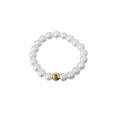 Elegant elastic S925 silver ring with white pearls and a textured gold bead accent - Pearl With Gold Ball Decor (SR1107)