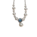 Elegant pearl necklace with a central blue gemstone pendant and sterling silver clasp - 925 Silver / Artificial Pearl Aquamarine Necklace