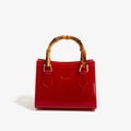 Glossy red PVC jelly bag with vintage bamboo handle and gold hardware detail - 200*100*160mm / Red