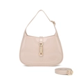 Beige PVC crescent shoulder bag with golden piston lock and adjustable long strap - 190*40*140mm / Apricot