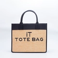 Stroh-Tragetasche mit schwarzen PU-Lederbesatz und iT TOTE BAG Bestickung für Damen - 310*120*260mm / Schwarz