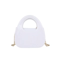 Glossy white mini evening clutch bag with circular hollow handle and gold chain strap - White